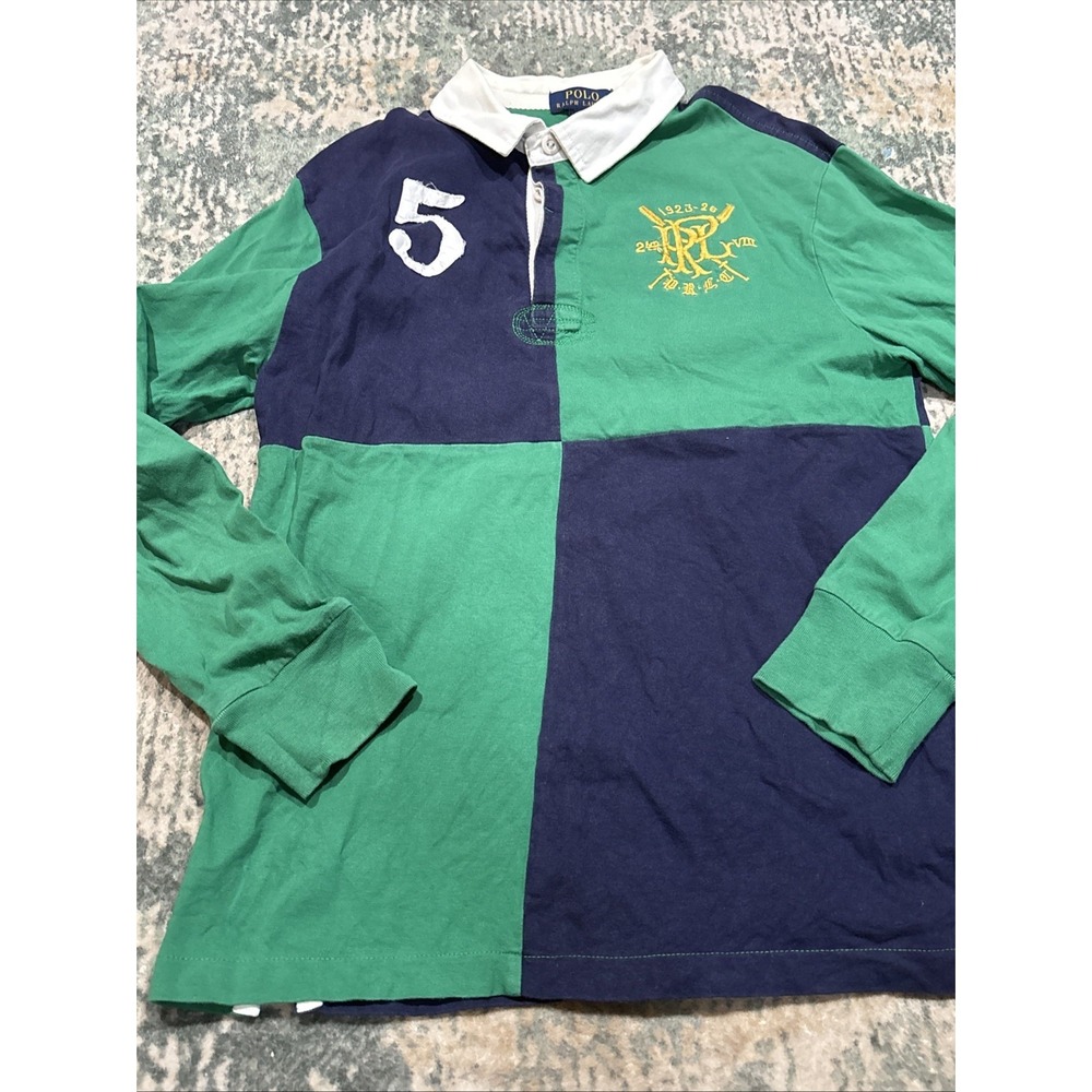 Vintage Polo Ralph Lauren Youth Large 14-16 Rugby Shirt Color Block Green Navy 5